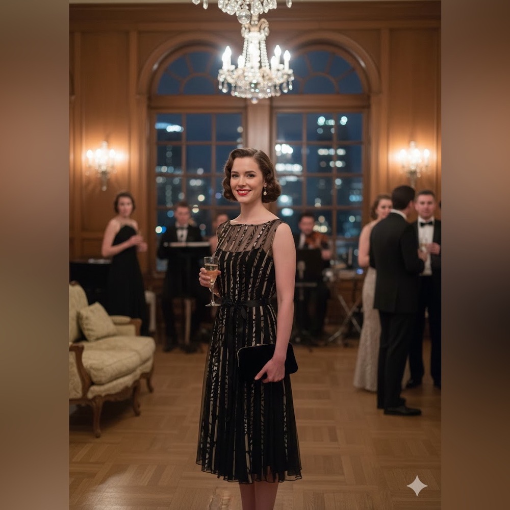 Dressbarn Collection Fit & Flare Midi Black Tan Mesh Overlay Ribbon Tie Waist - Picture 2 of 10